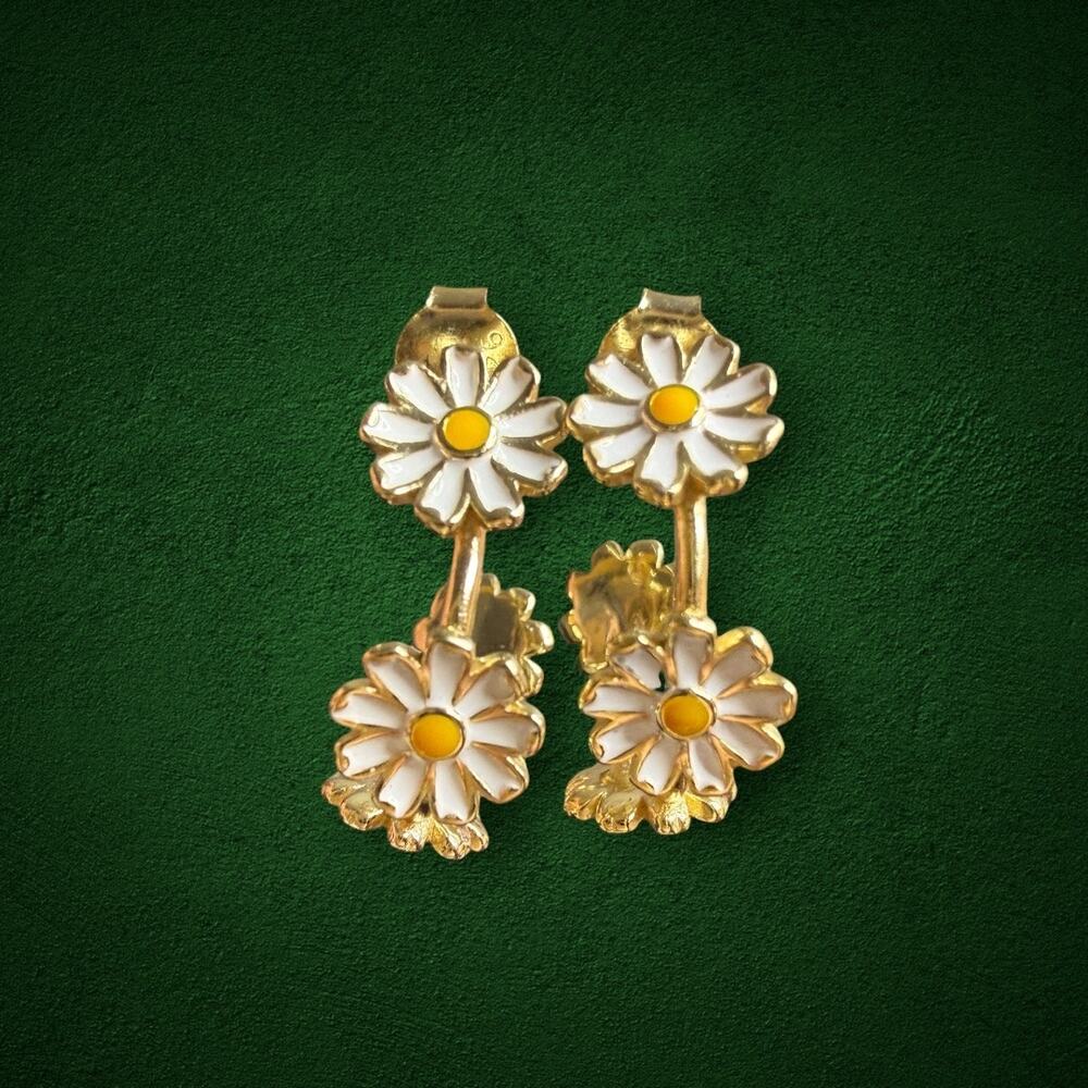 925 Sterling Silver Daisy Flower Earrings White Yellow Enamel Floral Studs